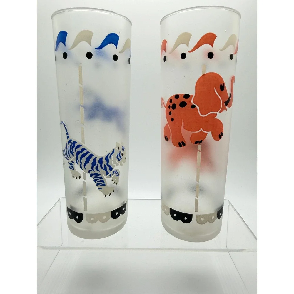 Libbey Frosted Carousel Glass Tumblers Set of 2 Tiger Elephant Highball Glasses